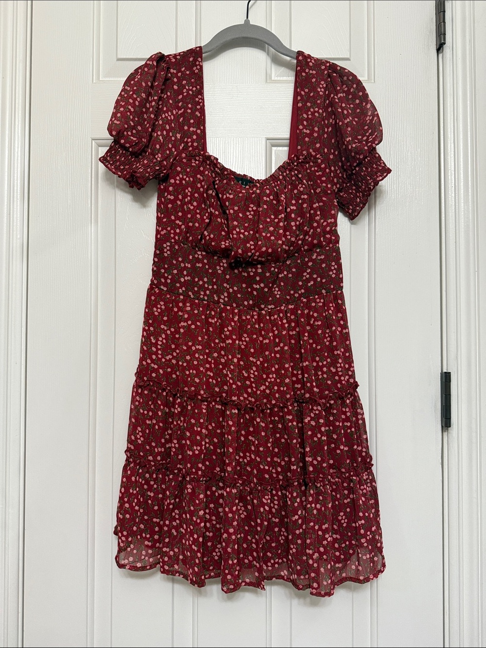 Trixxi Burgundy Red Floral Square-Neck Tiered Mini Dress